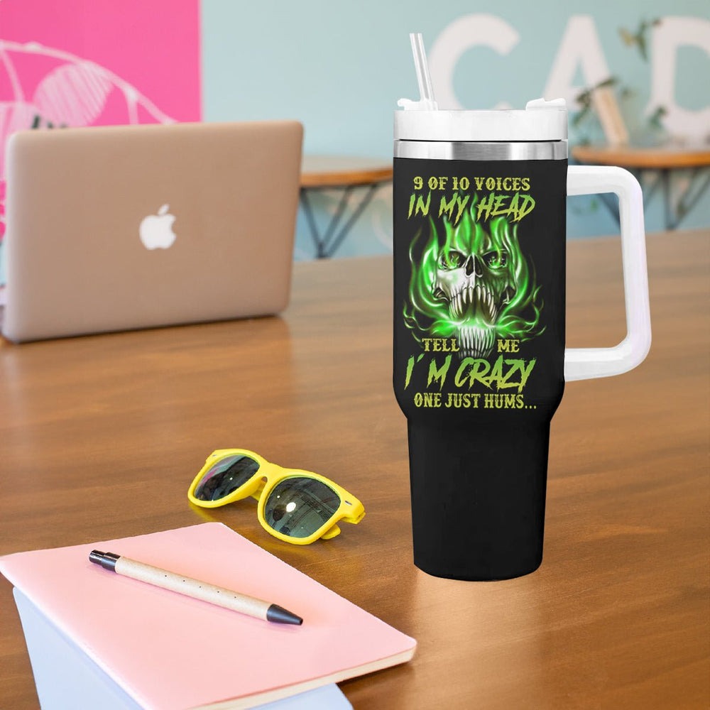 9 Of 10 Voices In My Head Fire Skull Tumbler With Handle TS04