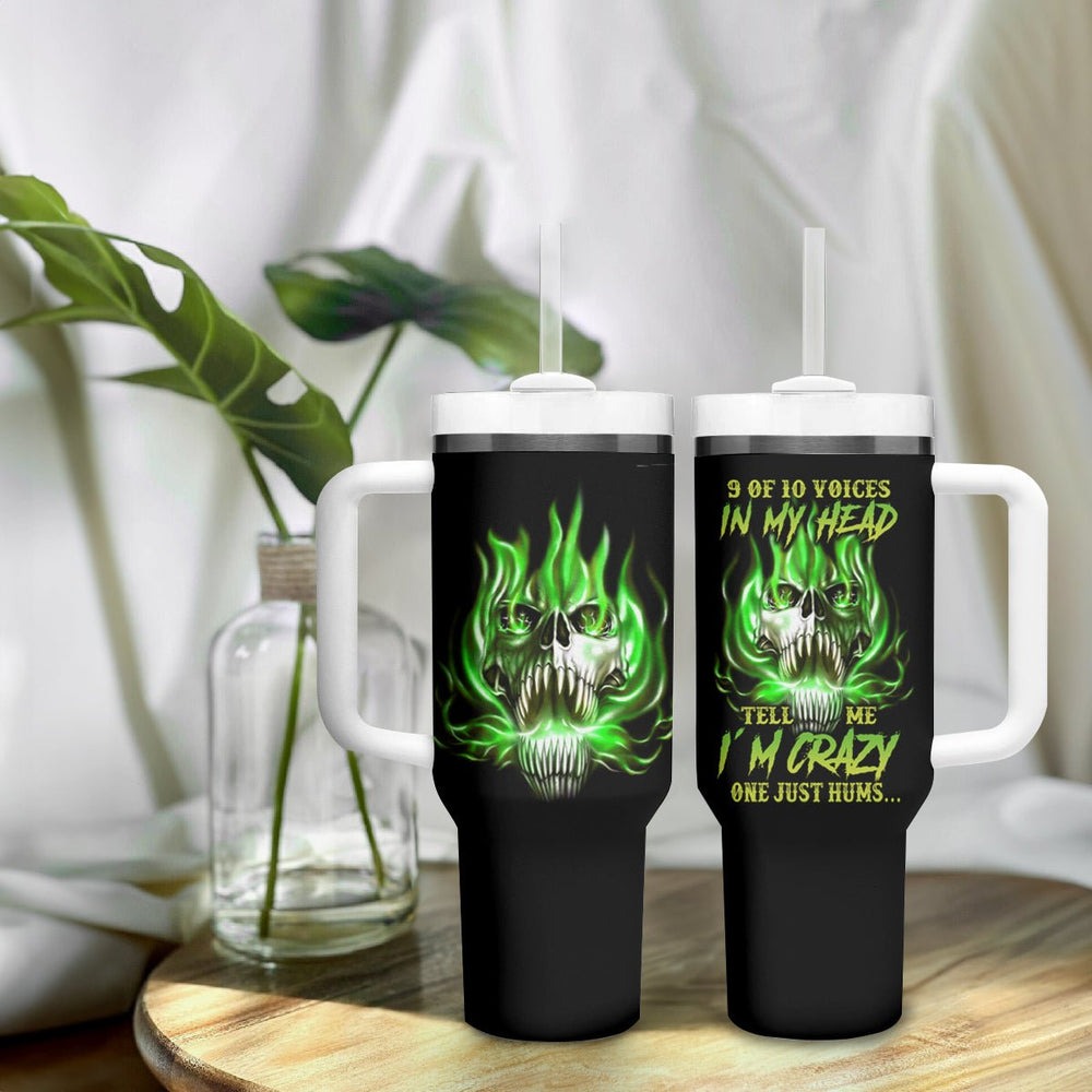 9 Of 10 Voices In My Head Fire Skull Tumbler With Handle TS04