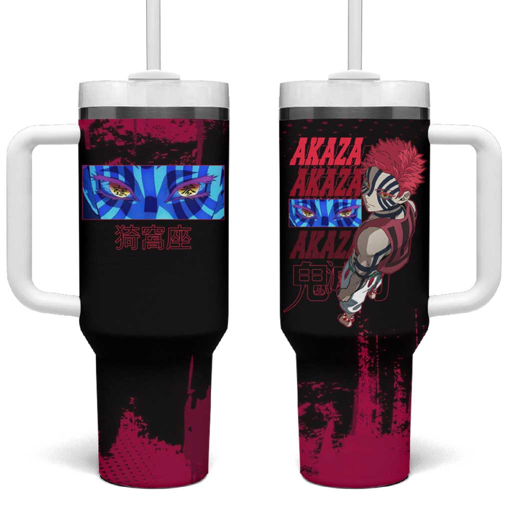 Akaza Demon Slayer Intense Eyes Design Tumbler With Handle with Red and Black Grunge Aesthetic and Dynamic Pose TS04