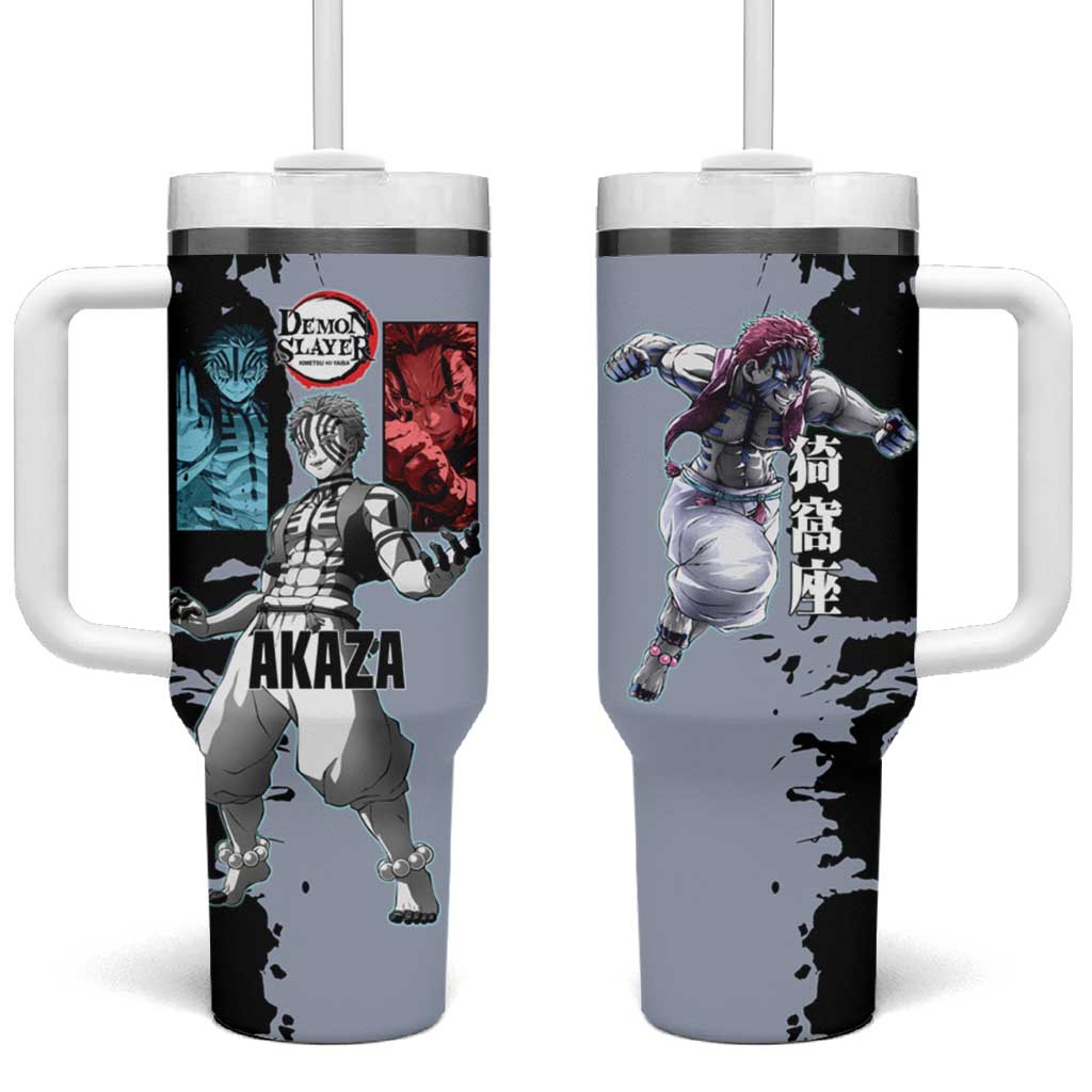 Akaza from Demon Slayer Tumbler With Handle with Split Color Background and Martial Arts Pose Manga Style Design TS04