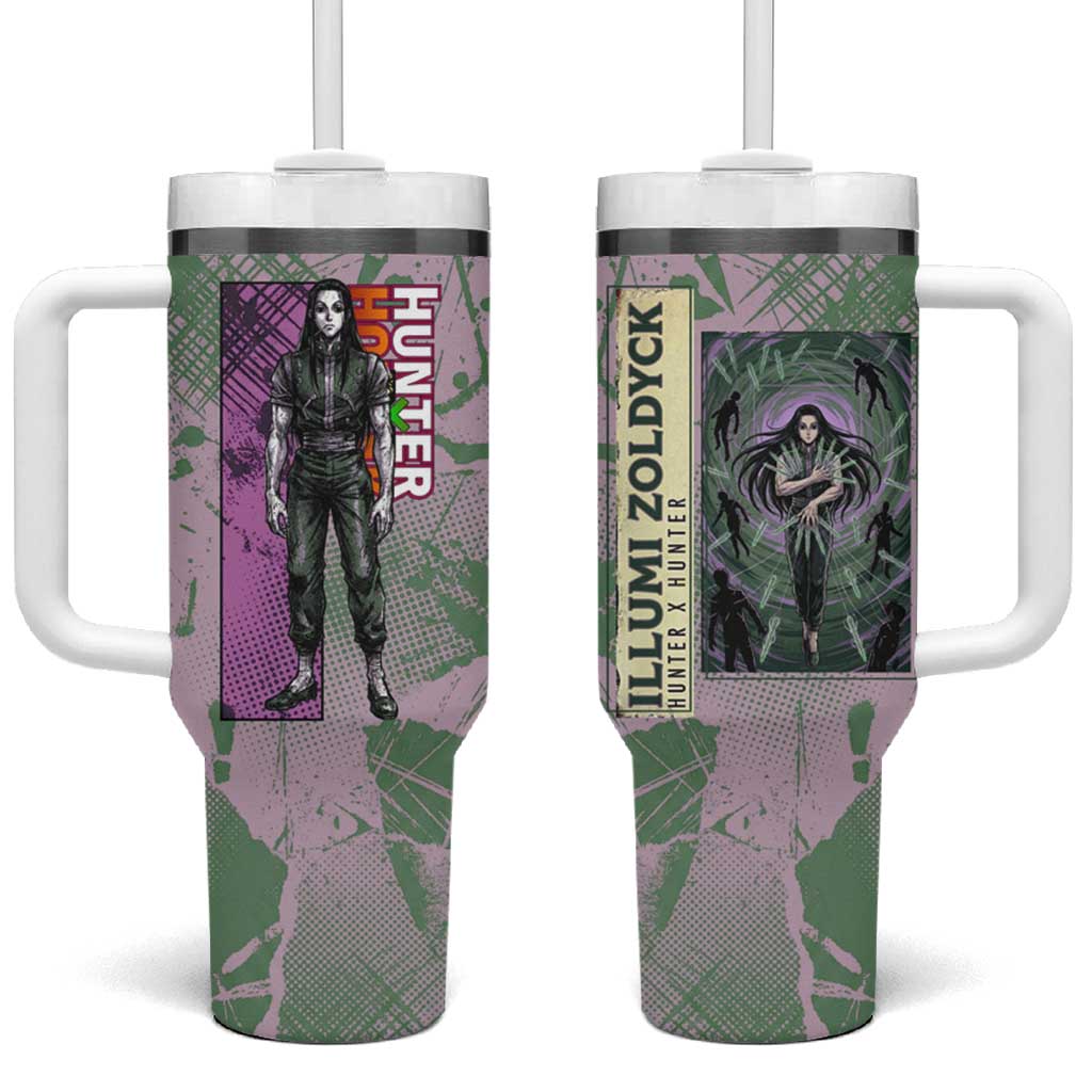 Alluka Zoldyck Theme Purple and Green Paint Splatter Design Tumbler With Handle with Nen Ability Artwork and Character Card Style TS04