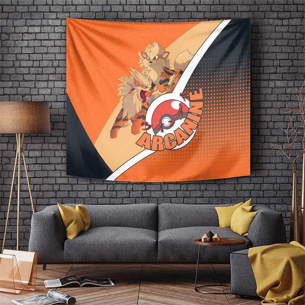 Arcanine Poké Tapestry with Fire Type Badge Design and Fierce Roar Pose Print TS04 Arcanine Poké Tapestry with Fire Type Badge Design and Fierce Roar Pose Print TS04