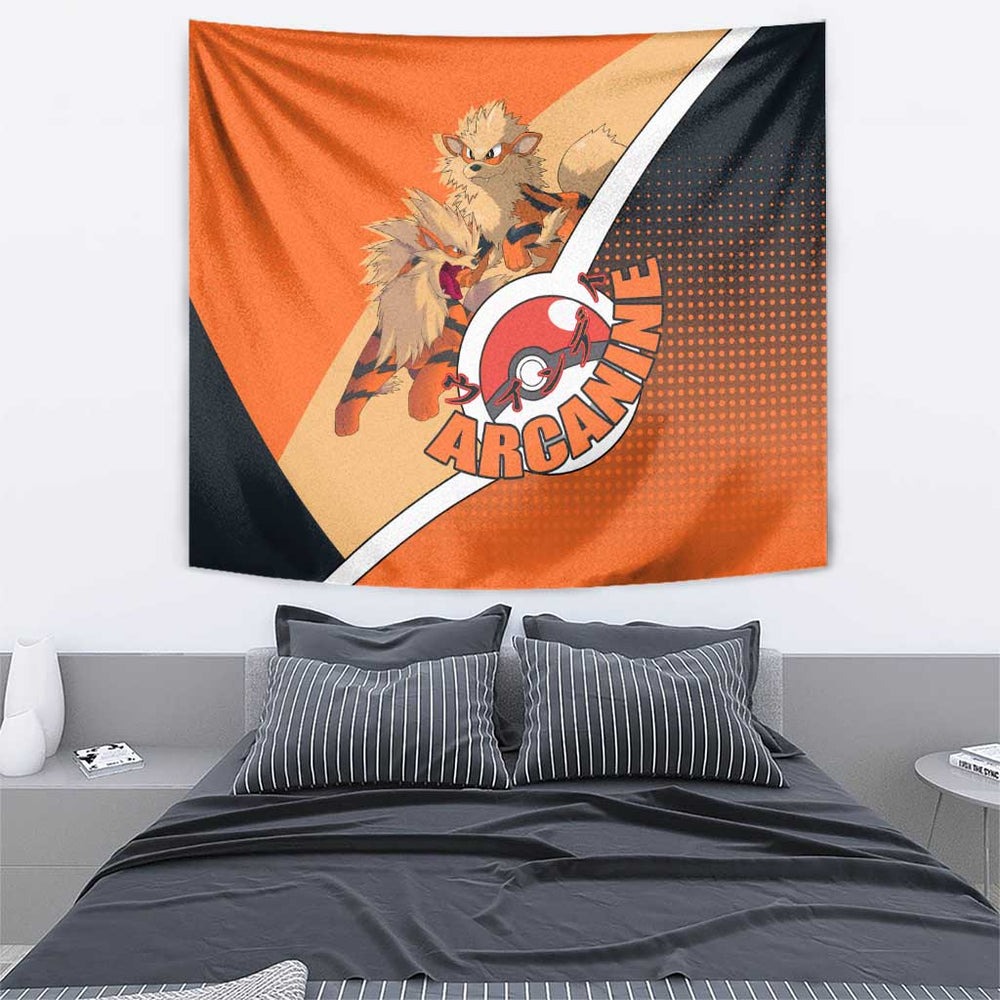 Arcanine Poké Tapestry with Fire Type Badge Design and Fierce Roar Pose Print TS04 Arcanine Poké Tapestry with Fire Type Badge Design and Fierce Roar Pose Print TS04