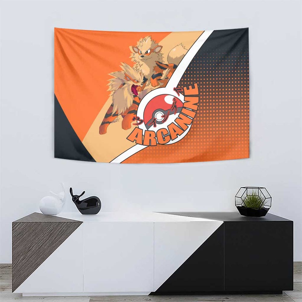 Arcanine Poké Tapestry with Fire Type Badge Design and Fierce Roar Pose Print TS04 Arcanine Poké Tapestry with Fire Type Badge Design and Fierce Roar Pose Print TS04