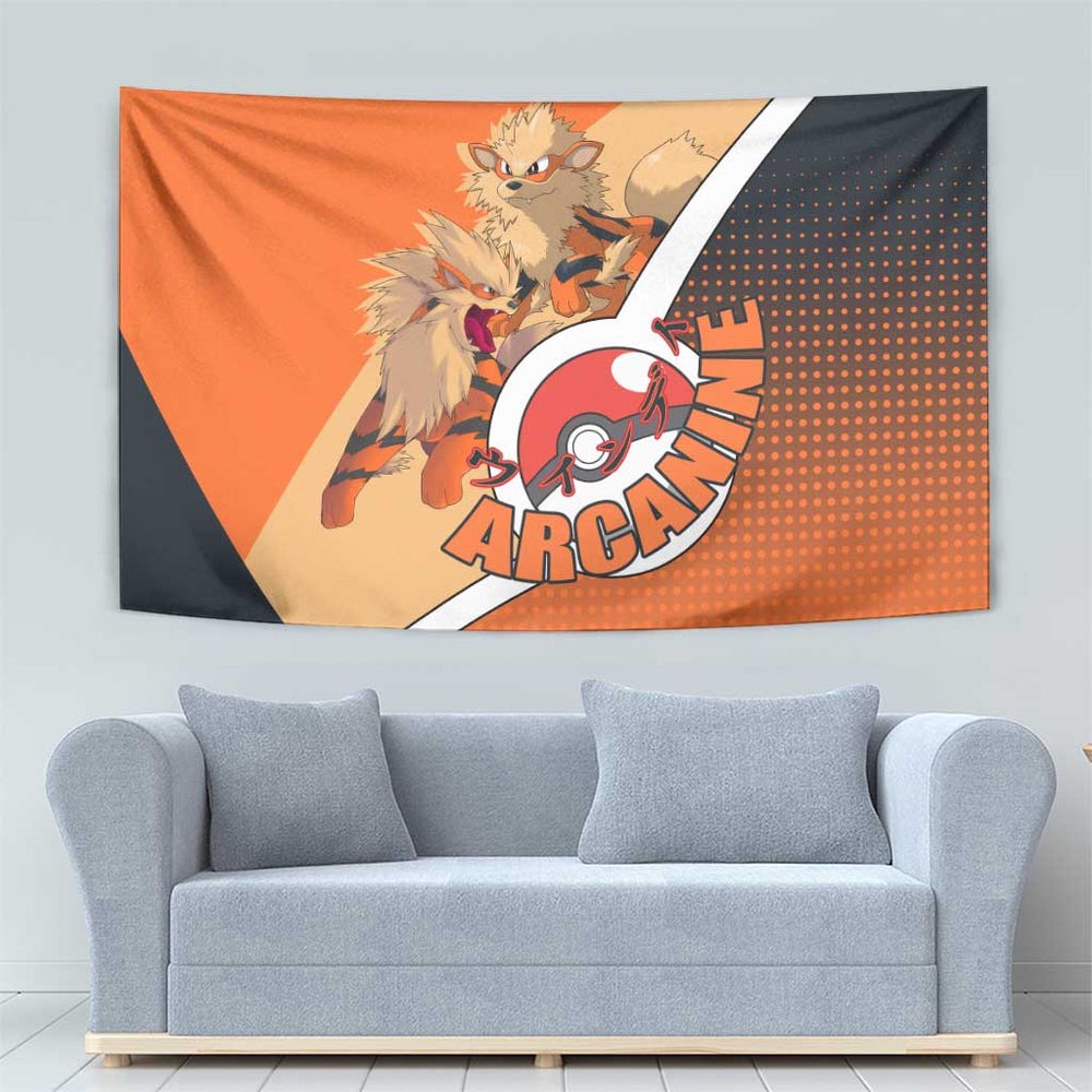 Arcanine Poké Tapestry with Fire Type Badge Design and Fierce Roar Pose Print TS04 Arcanine Poké Tapestry with Fire Type Badge Design and Fierce Roar Pose Print TS04