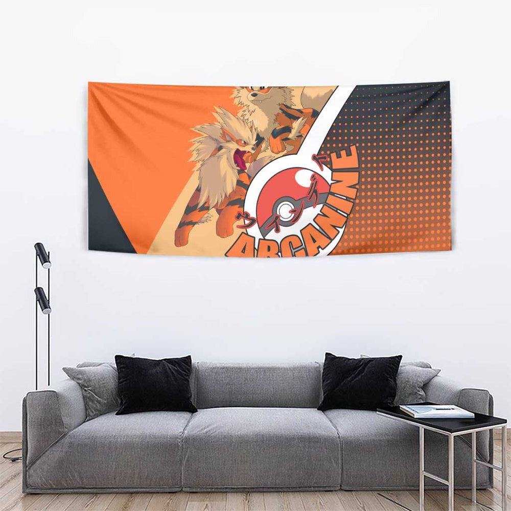Arcanine Poké Tapestry with Fire Type Badge Design and Fierce Roar Pose Print TS04 Arcanine Poké Tapestry with Fire Type Badge Design and Fierce Roar Pose Print TS04