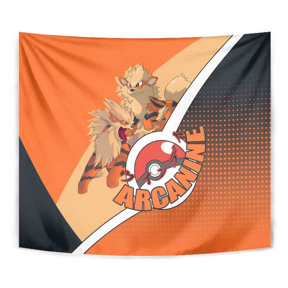 Arcanine Poké Tapestry with Fire Type Badge Design and Fierce Roar Pose Print TS04 Arcanine Poké Tapestry with Fire Type Badge Design and Fierce Roar Pose Print TS04