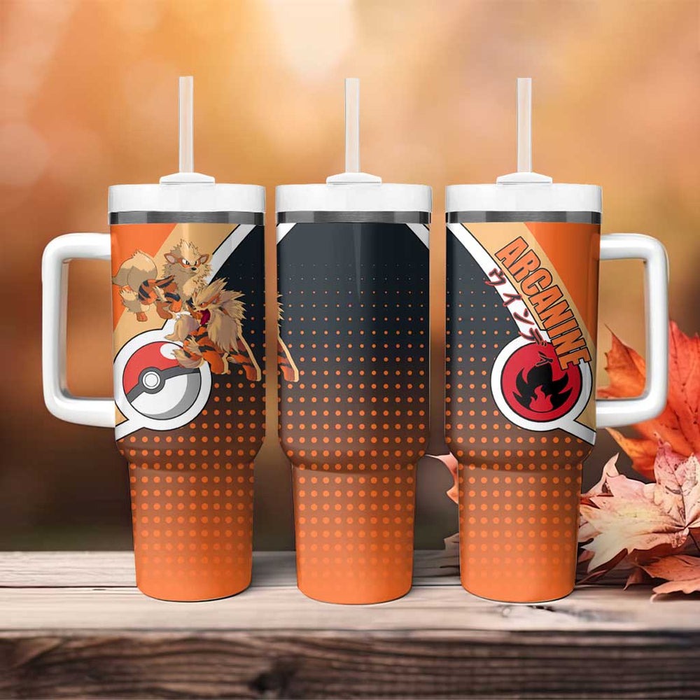 Arcanine Poké Tumbler With Handle with Fire Type Badge Design and Fierce Roar Pose Print TS04