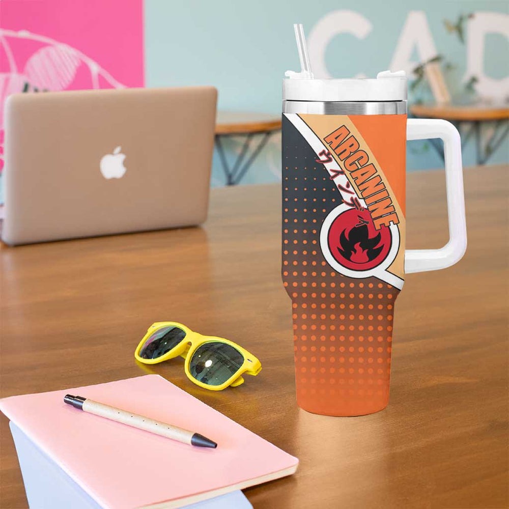 Arcanine Poké Tumbler With Handle with Fire Type Badge Design and Fierce Roar Pose Print TS04