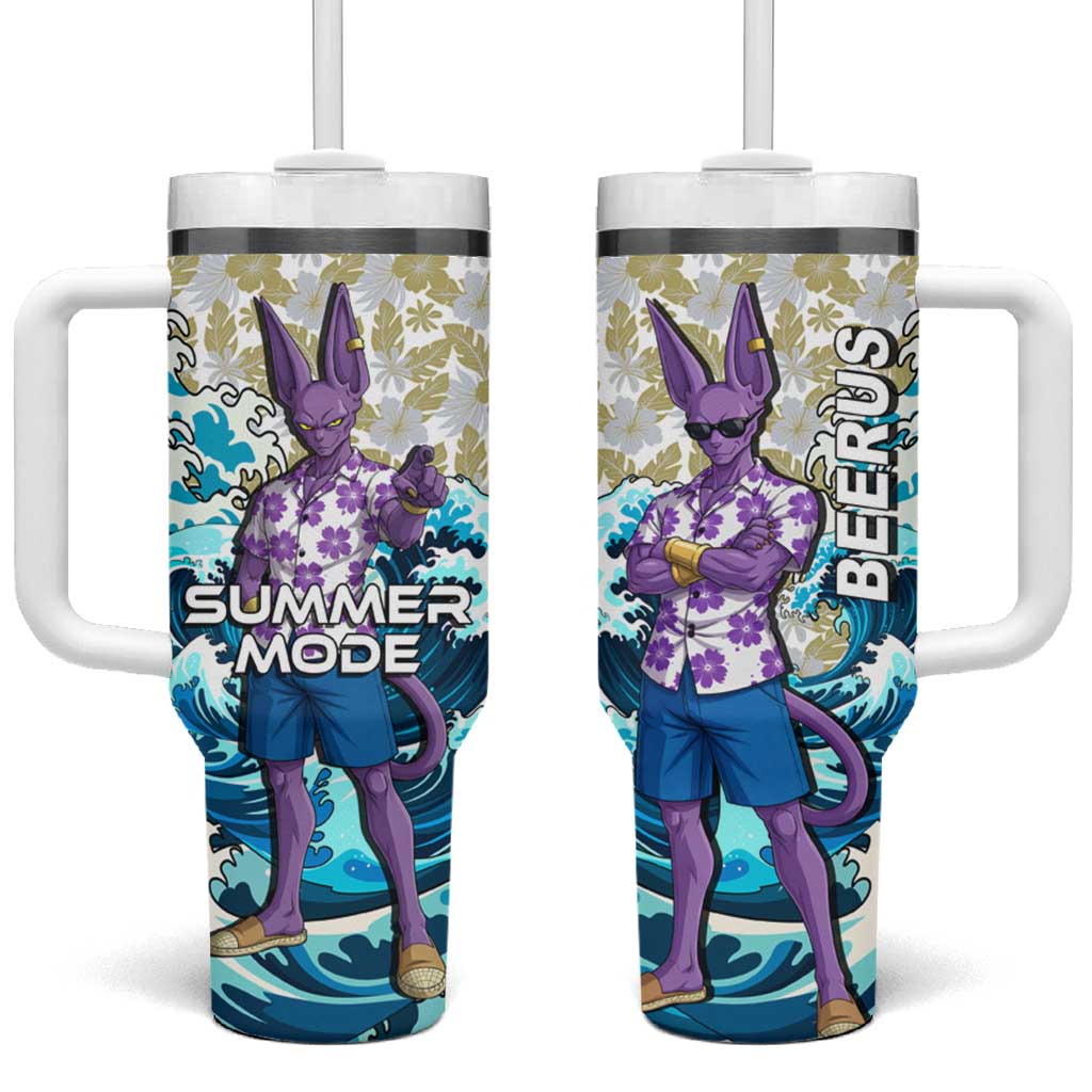 Beerus Dragon Ball Summer Theme Tumbler With Handle with Floral Shirt Sunglasses Shenron and Ocean Wave Background TS04