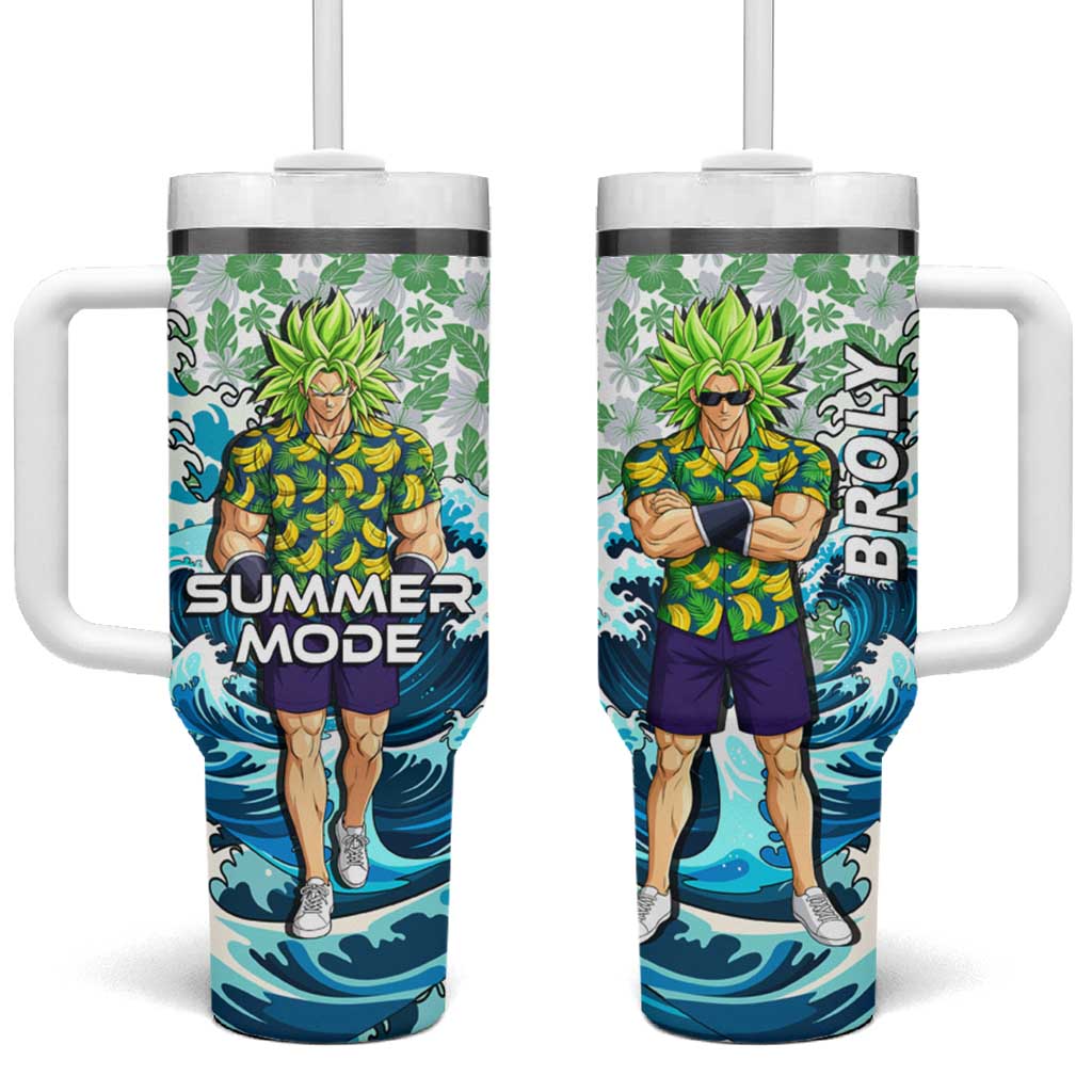 Broly Dragon Ball Summer Theme Tumbler With Handle with Banana Shirt Sunglasses Shenron and Tropical Ocean Background TS04
