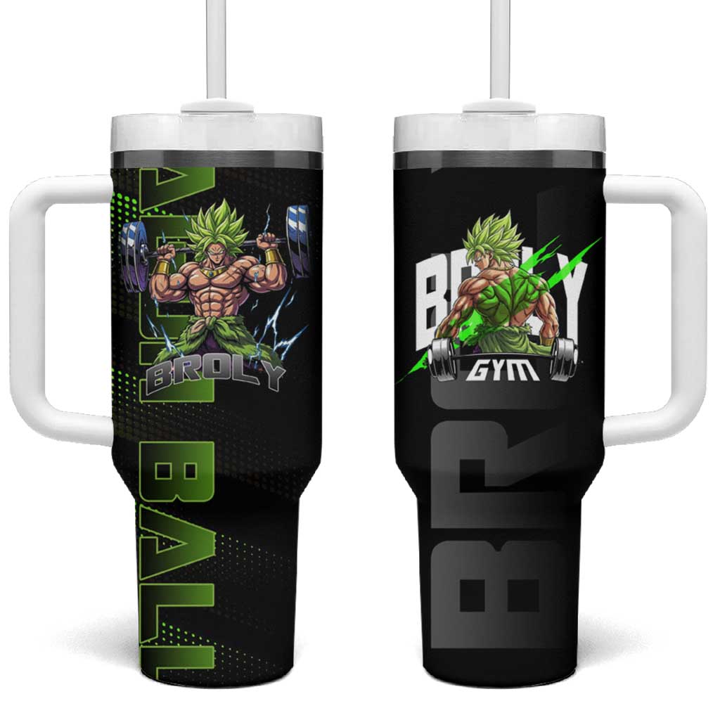 Broly Gym Theme Black and Green Design Tumbler With Handle with Powerlifting Pose and Electrified Muscle Artwork TS04