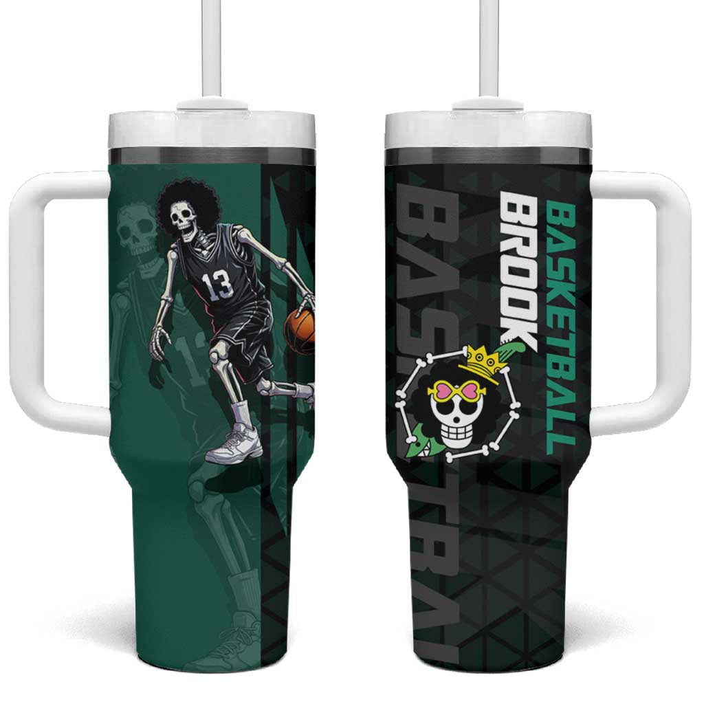 Brook One Piece Basketball Theme Green and Black Design Tumbler With Handle with Skull Emblem and Energetic Pose TS04