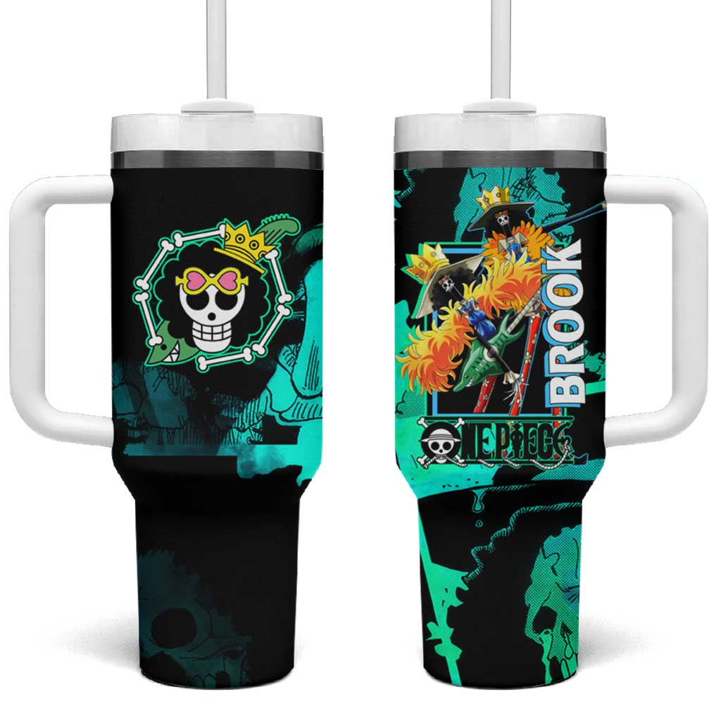 Brook One Piece Green and Black Theme Tumbler With Handle with Soul King Guitar and Skeleton Jolly Roger Design TS04