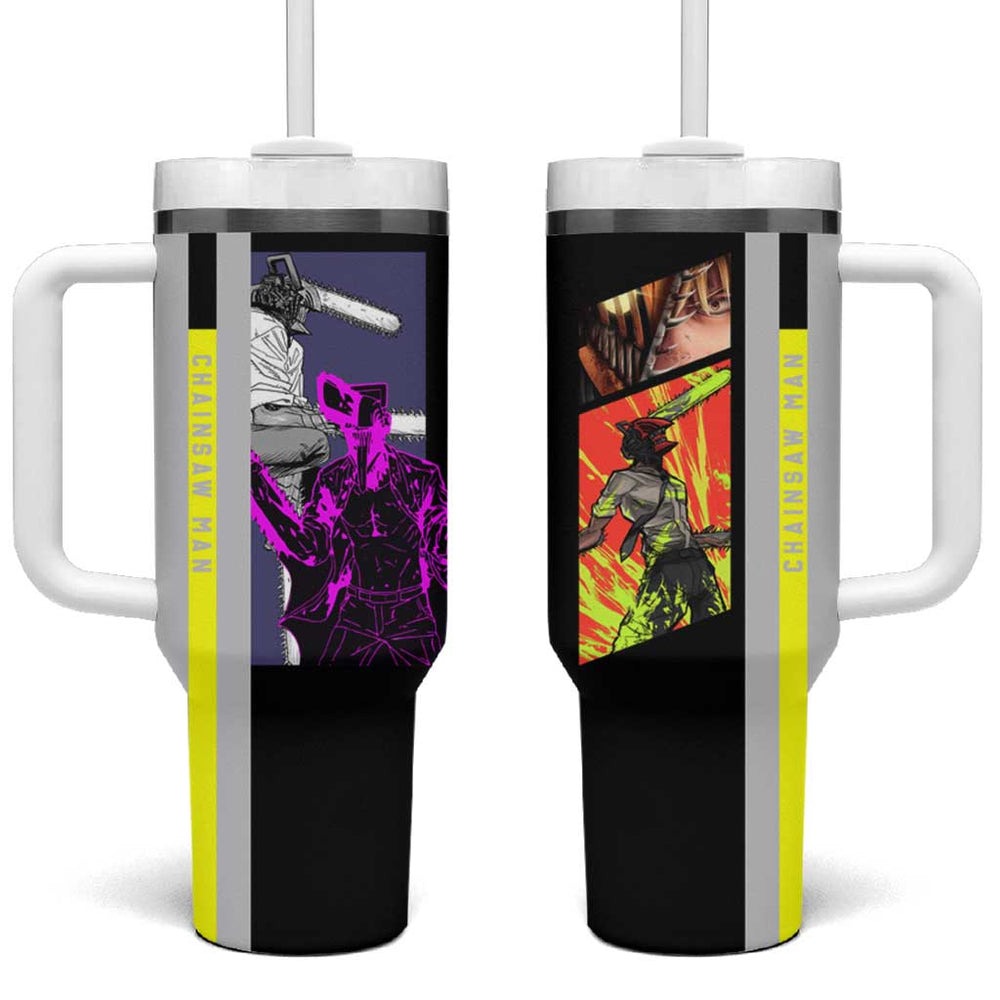 Chainsaw Man Denji Tumbler With Handle with Manga Panels and Neon Chainsaw Design TS04 Chainsaw Man Denji Tumbler With Handle with Manga Panels and Neon Chainsaw Design TS04