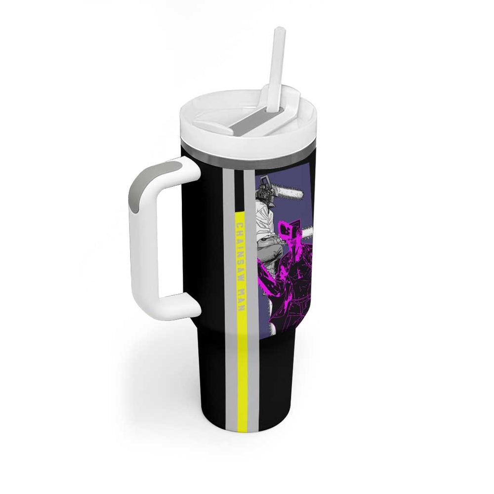 Chainsaw Man Denji Tumbler With Handle with Manga Panels and Neon Chainsaw Design TS04 Chainsaw Man Denji Tumbler With Handle with Manga Panels and Neon Chainsaw Design TS04
