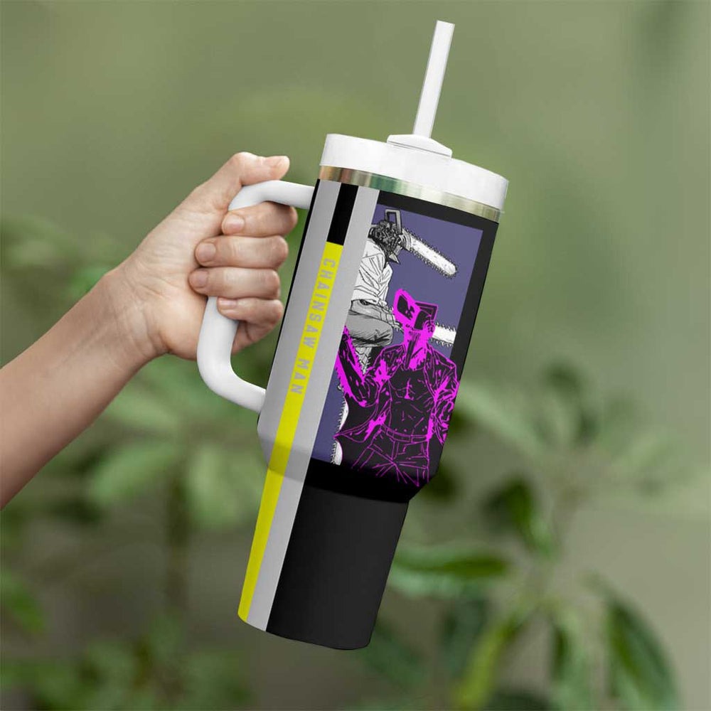 Chainsaw Man Denji Tumbler With Handle with Manga Panels and Neon Chainsaw Design TS04 Chainsaw Man Denji Tumbler With Handle with Manga Panels and Neon Chainsaw Design TS04