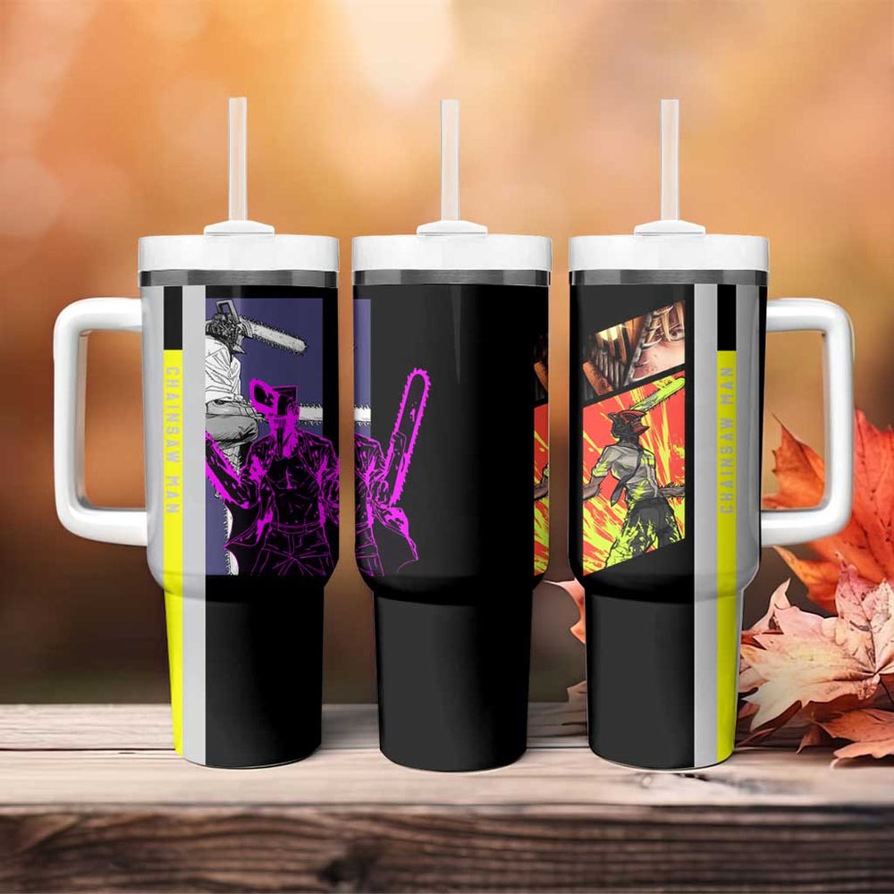 Chainsaw Man Denji Tumbler With Handle with Manga Panels and Neon Chainsaw Design TS04 Chainsaw Man Denji Tumbler With Handle with Manga Panels and Neon Chainsaw Design TS04