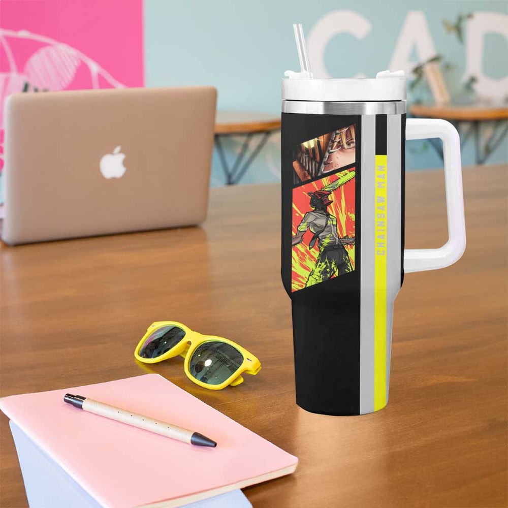 Chainsaw Man Denji Tumbler With Handle with Manga Panels and Neon Chainsaw Design TS04 Chainsaw Man Denji Tumbler With Handle with Manga Panels and Neon Chainsaw Design TS04