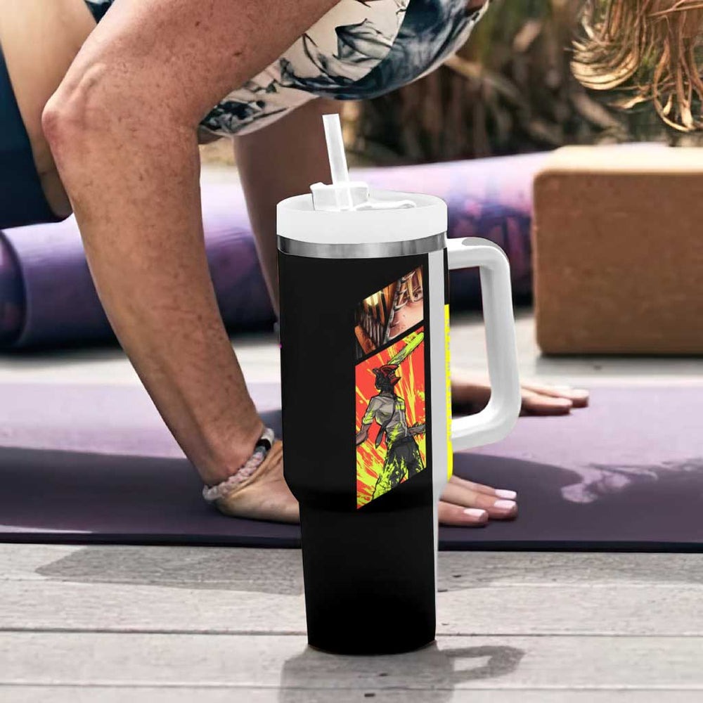 Chainsaw Man Denji Tumbler With Handle with Manga Panels and Neon Chainsaw Design TS04 Chainsaw Man Denji Tumbler With Handle with Manga Panels and Neon Chainsaw Design TS04