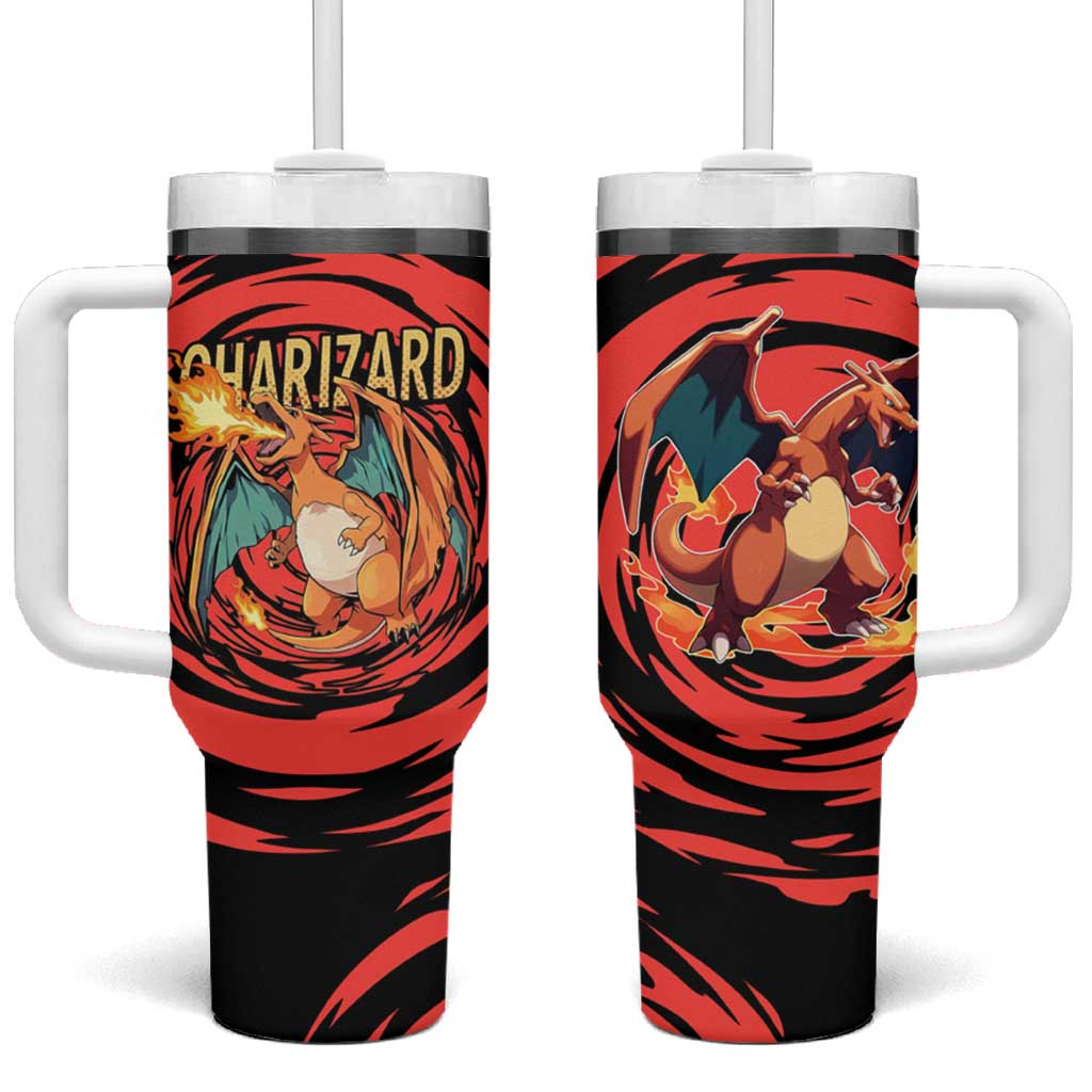 Charizard Pokémon Red and Black Swirl Design Tumbler With Handle with Flames, Pokéball Accents, and Dynamic Fire-Breathing Pose TS04