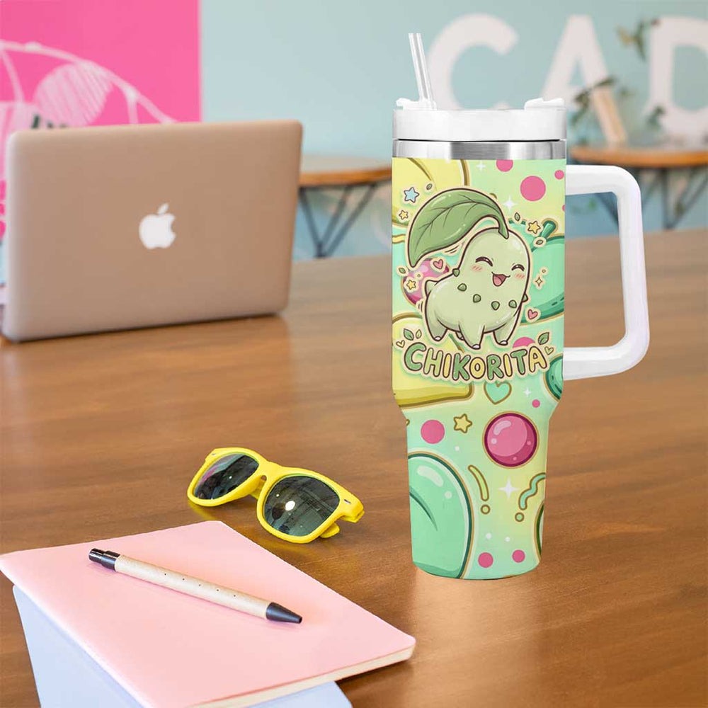 Chikorita Tumbler With Handle Vibrant Pastel Leaf Pop Art TS04