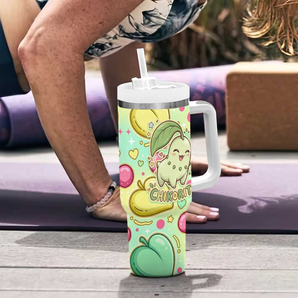 Chikorita Tumbler With Handle Vibrant Pastel Leaf Pop Art TS04