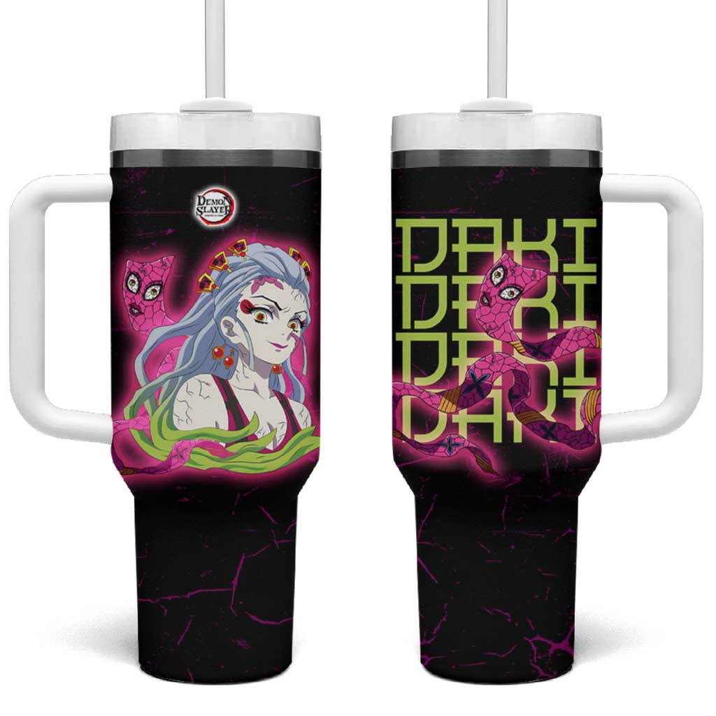 Daki Demon Slayer Theme Tumbler With Handle with Obi Sash Design and Neon Pink Green Graphic Elements TS04