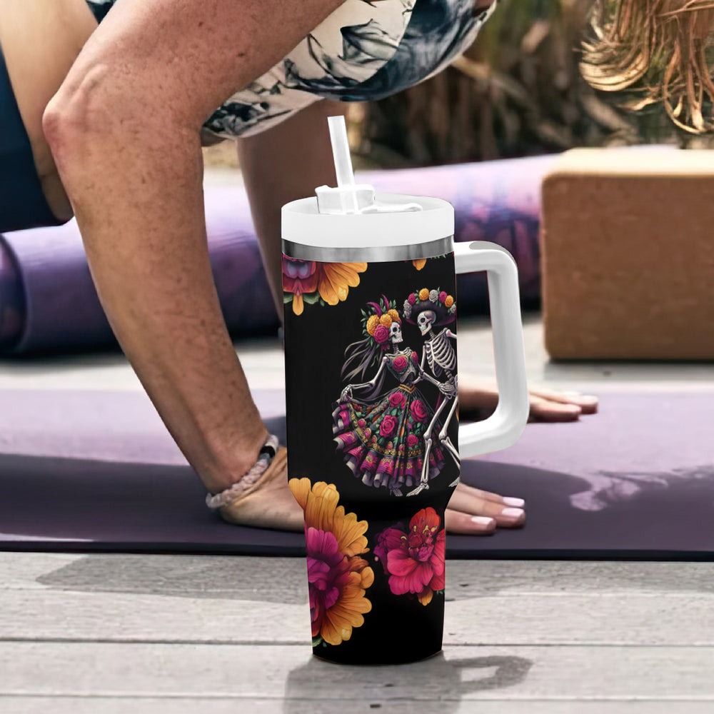 Day of Dead Couple Tumbler With Handle Sugar Skull Couple Dancing DT01 Day of Dead Couple Tumbler With Handle Sugar Skull Couple Dancing DT01