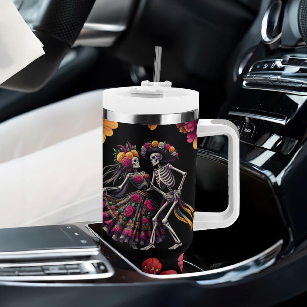 Day of Dead Couple Tumbler With Handle Sugar Skull Couple Dancing DT01 Day of Dead Couple Tumbler With Handle Sugar Skull Couple Dancing DT01