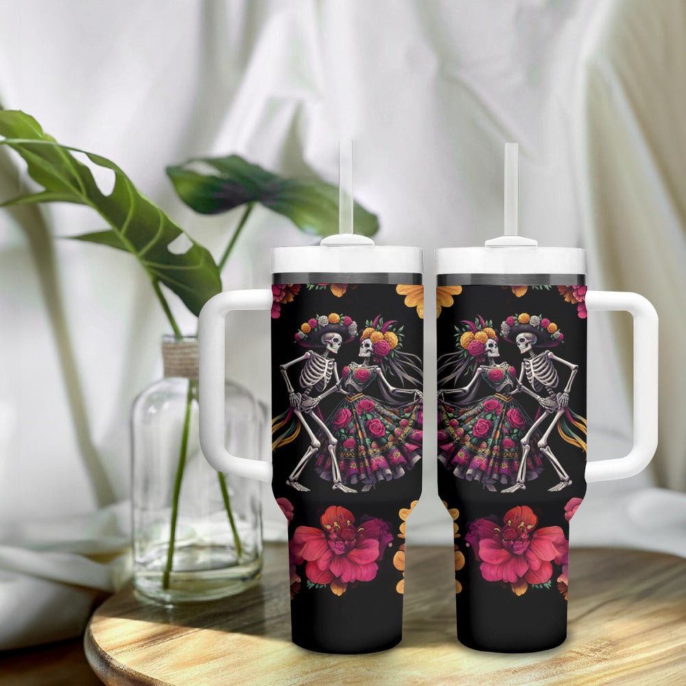 Day of Dead Couple Tumbler With Handle Sugar Skull Couple Dancing DT01 Day of Dead Couple Tumbler With Handle Sugar Skull Couple Dancing DT01
