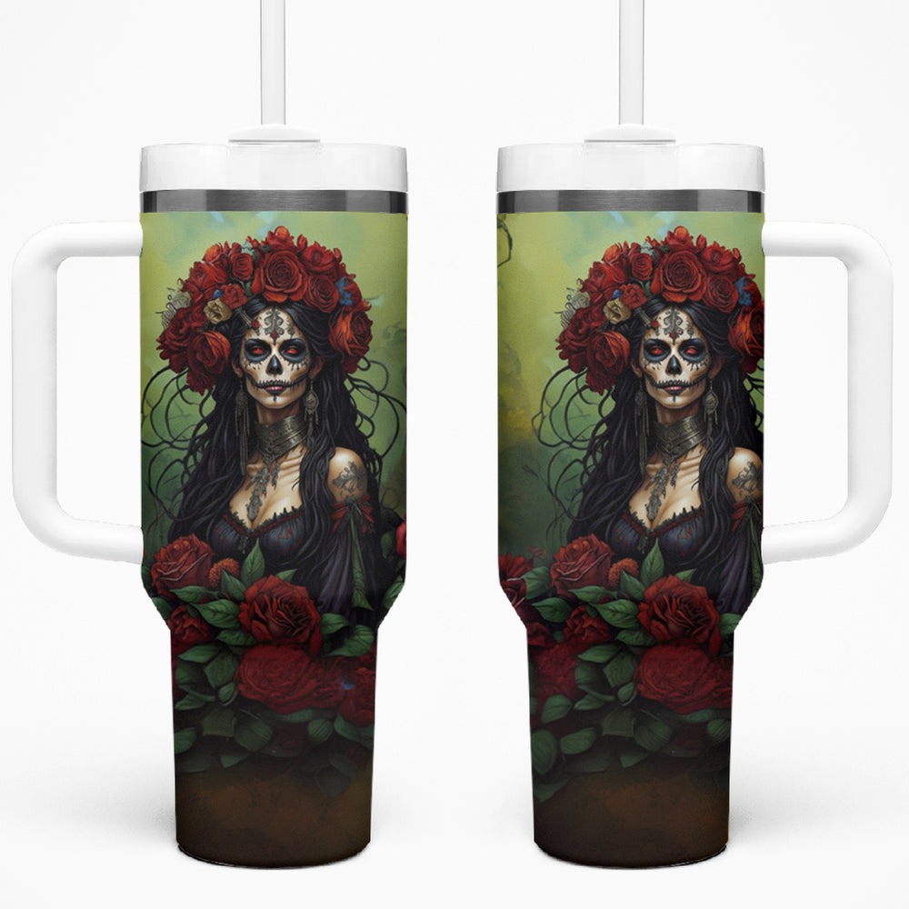 Day of Dead Lady Tumbler With Handle Sugar Skull Field Marigold Lady DT01 Day of Dead Lady Tumbler With Handle Sugar Skull Field Marigold Lady DT01