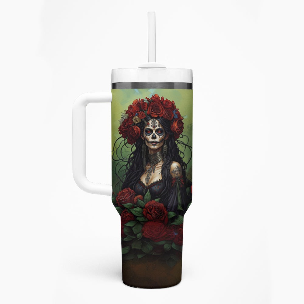 Day of Dead Lady Tumbler With Handle Sugar Skull Field Marigold Lady DT01 Day of Dead Lady Tumbler With Handle Sugar Skull Field Marigold Lady DT01