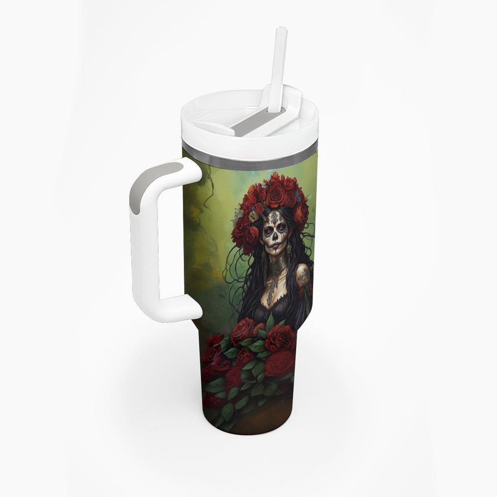 Day of Dead Lady Tumbler With Handle Sugar Skull Field Marigold Lady DT01 Day of Dead Lady Tumbler With Handle Sugar Skull Field Marigold Lady DT01