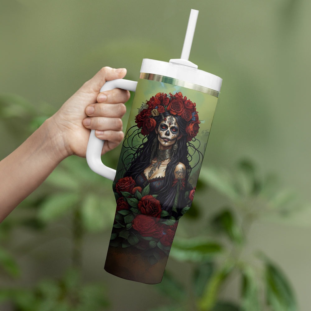 Day of Dead Lady Tumbler With Handle Sugar Skull Field Marigold Lady DT01 Day of Dead Lady Tumbler With Handle Sugar Skull Field Marigold Lady DT01