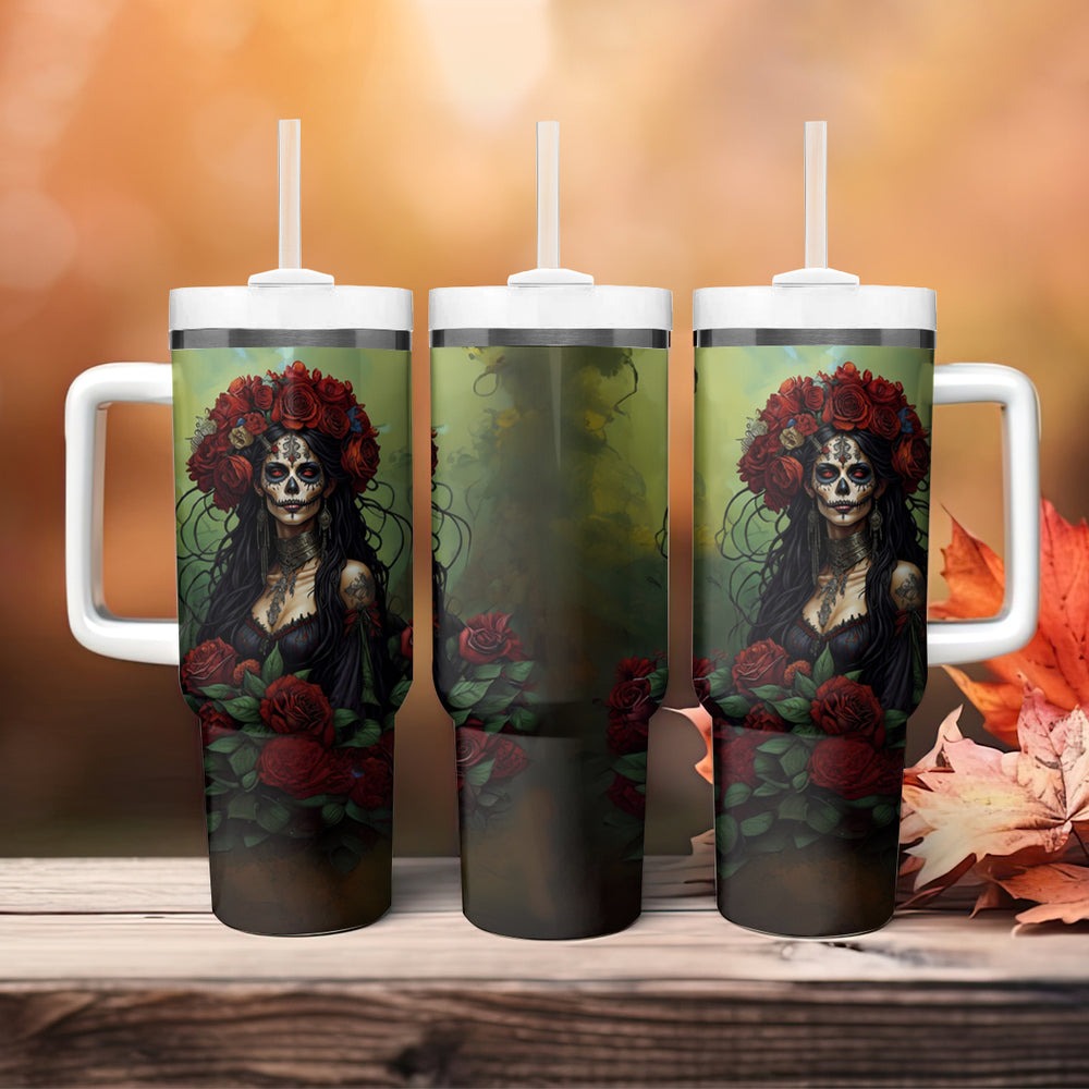 Day of Dead Lady Tumbler With Handle Sugar Skull Field Marigold Lady DT01 Day of Dead Lady Tumbler With Handle Sugar Skull Field Marigold Lady DT01