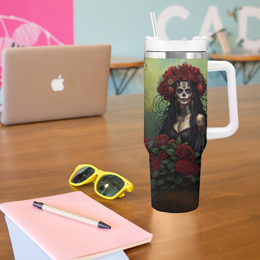 Day of Dead Lady Tumbler With Handle Sugar Skull Field Marigold Lady DT01 Day of Dead Lady Tumbler With Handle Sugar Skull Field Marigold Lady DT01