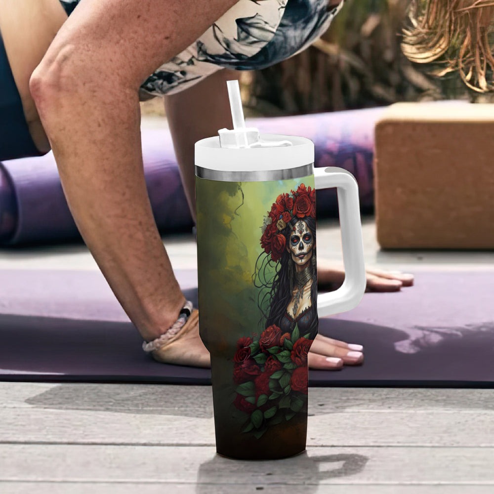 Day of Dead Lady Tumbler With Handle Sugar Skull Field Marigold Lady DT01 Day of Dead Lady Tumbler With Handle Sugar Skull Field Marigold Lady DT01