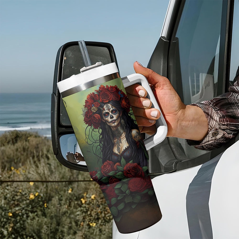 Day of Dead Lady Tumbler With Handle Sugar Skull Field Marigold Lady DT01 Day of Dead Lady Tumbler With Handle Sugar Skull Field Marigold Lady DT01