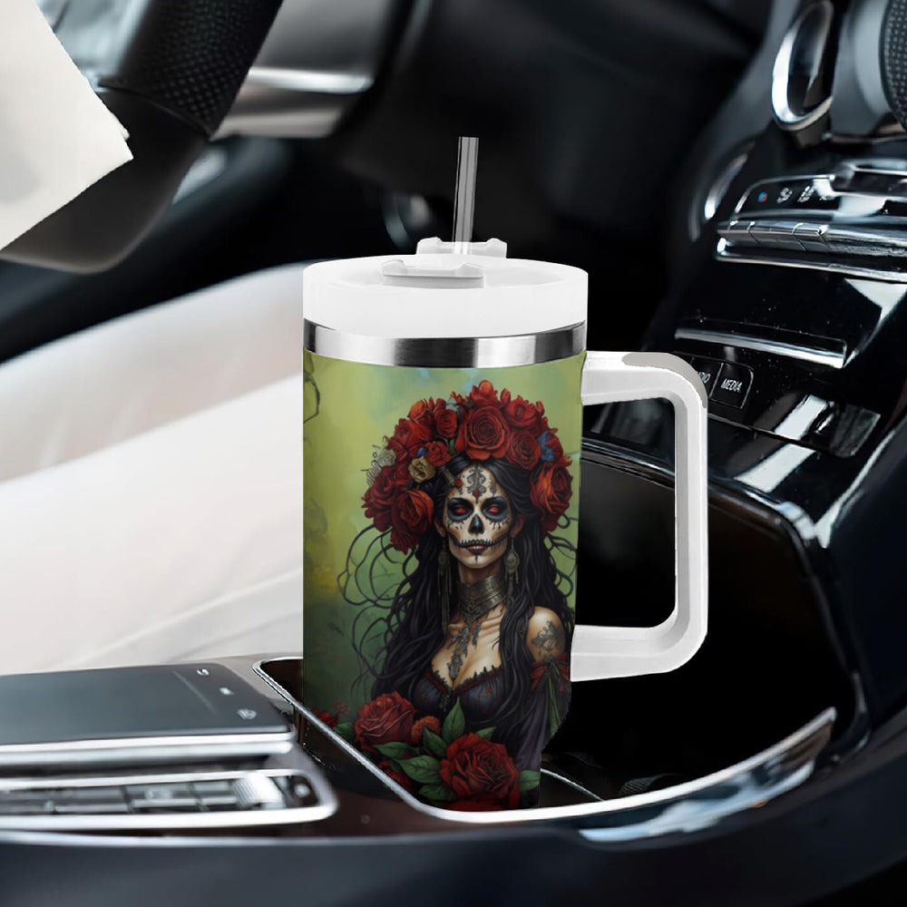 Day of Dead Lady Tumbler With Handle Sugar Skull Field Marigold Lady DT01 Day of Dead Lady Tumbler With Handle Sugar Skull Field Marigold Lady DT01