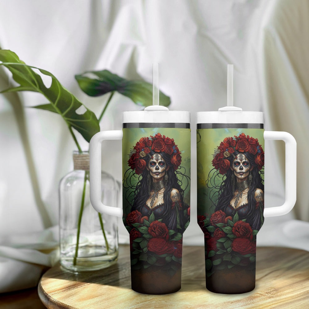 Day of Dead Lady Tumbler With Handle Sugar Skull Field Marigold Lady DT01 Day of Dead Lady Tumbler With Handle Sugar Skull Field Marigold Lady DT01