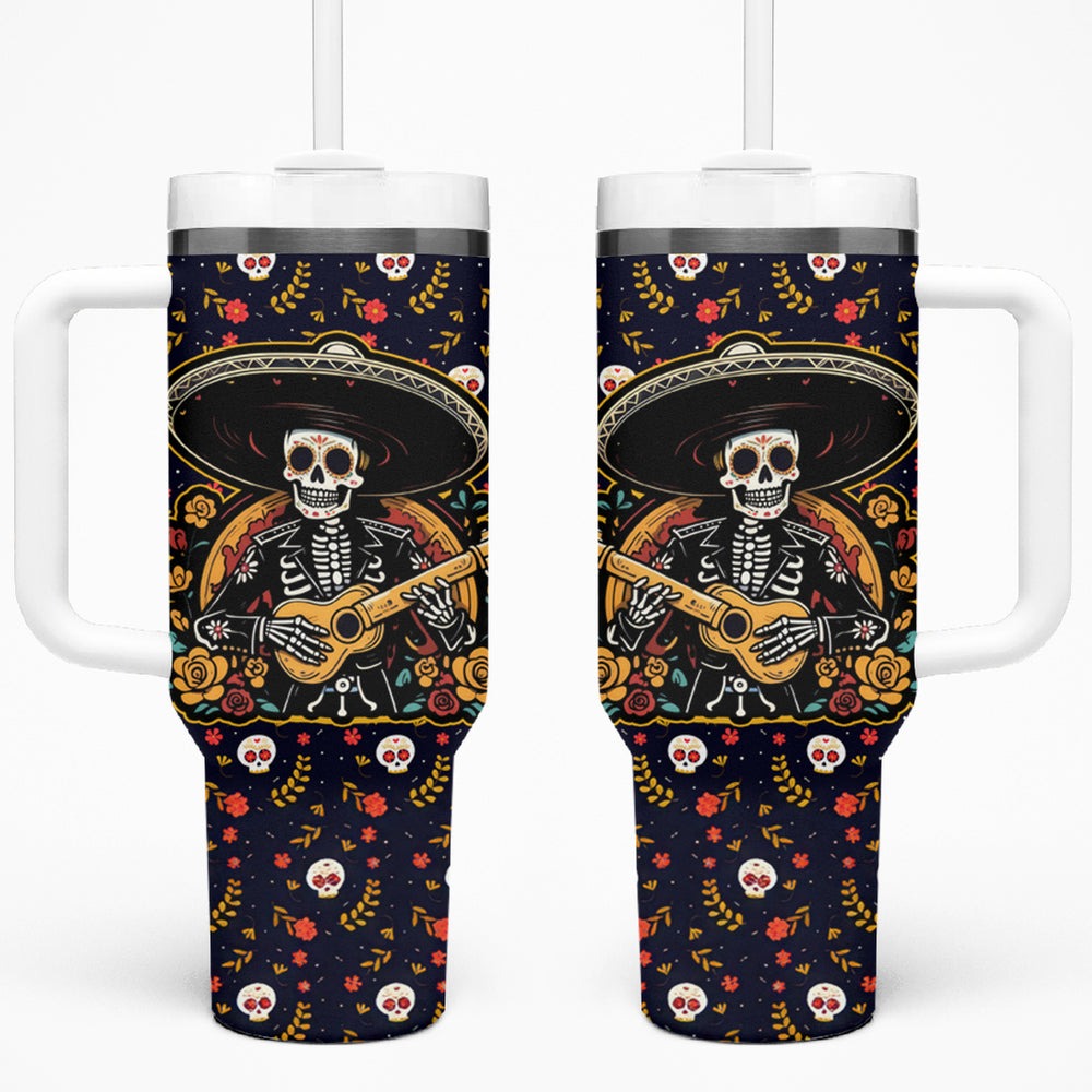 Day of Dead Skull Tumbler With Handle Sugar Skull Band Skeleton DT01 Day of Dead Skull Tumbler With Handle Sugar Skull Band Skeleton DT01