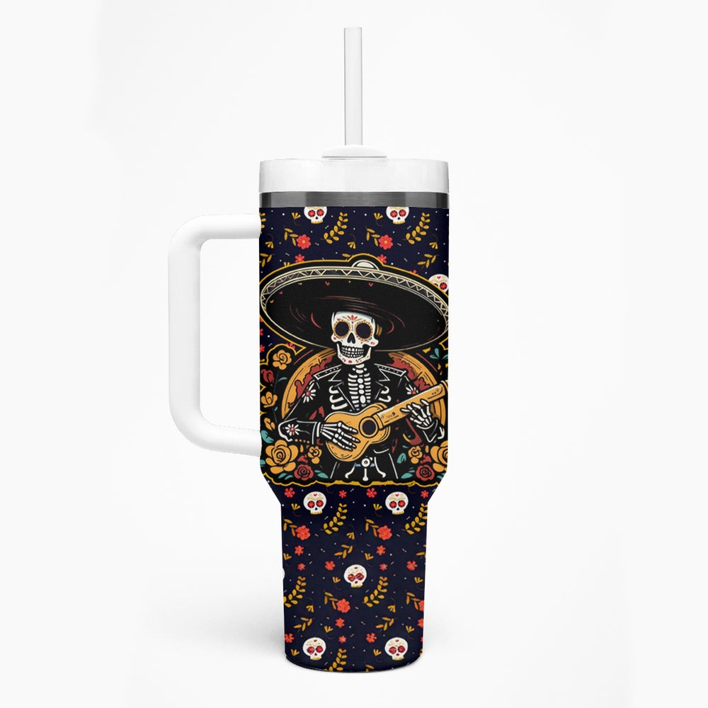 Day of Dead Skull Tumbler With Handle Sugar Skull Band Skeleton DT01 Day of Dead Skull Tumbler With Handle Sugar Skull Band Skeleton DT01