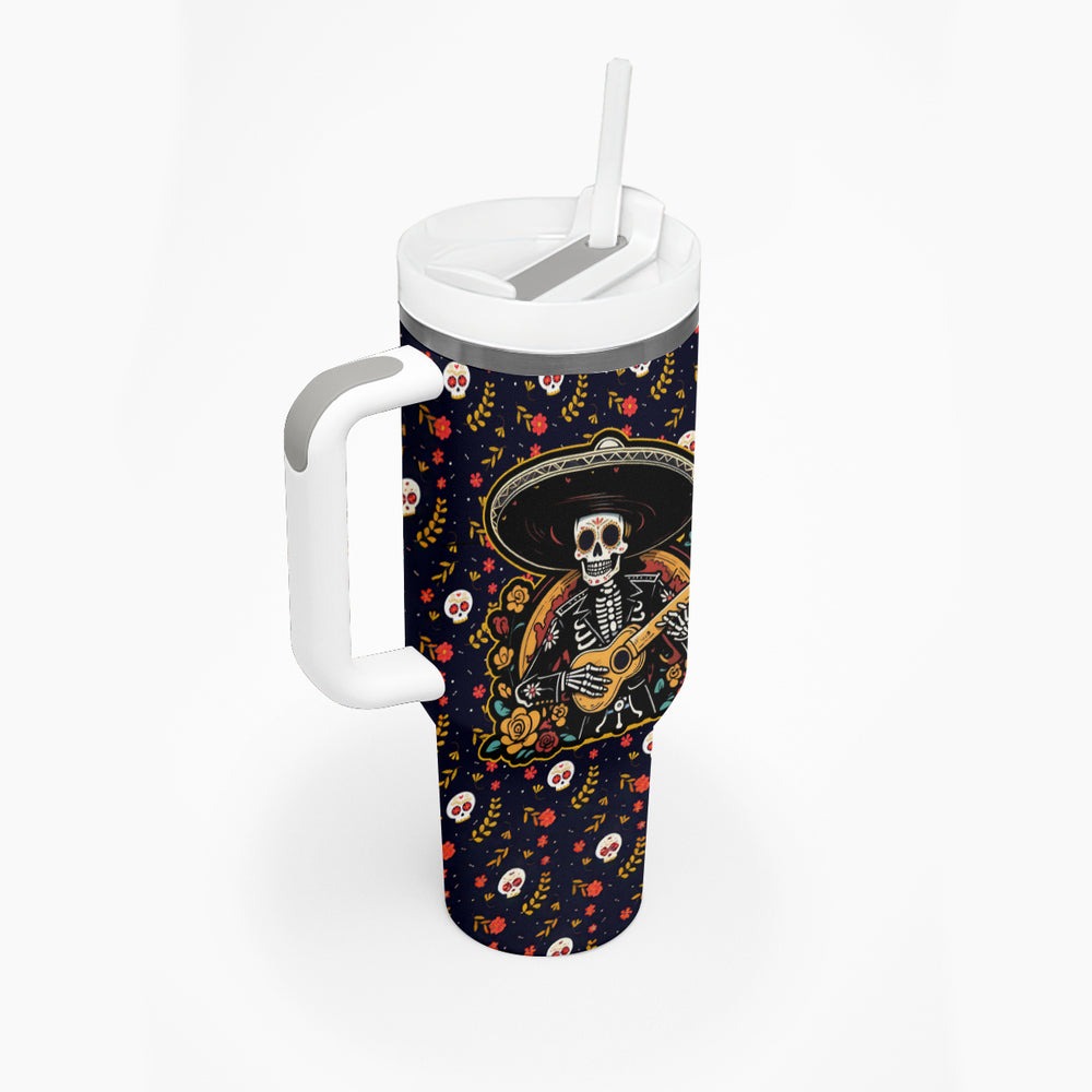 Day of Dead Skull Tumbler With Handle Sugar Skull Band Skeleton DT01 Day of Dead Skull Tumbler With Handle Sugar Skull Band Skeleton DT01