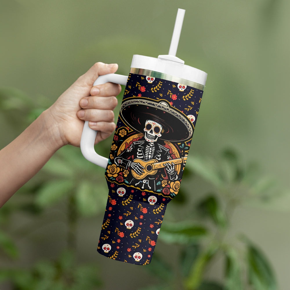 Day of Dead Skull Tumbler With Handle Sugar Skull Band Skeleton DT01 Day of Dead Skull Tumbler With Handle Sugar Skull Band Skeleton DT01