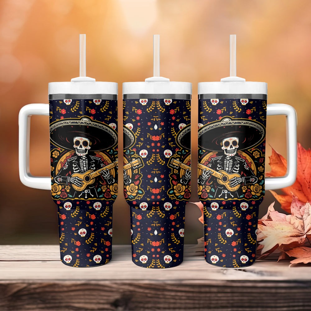 Day of Dead Skull Tumbler With Handle Sugar Skull Band Skeleton DT01 Day of Dead Skull Tumbler With Handle Sugar Skull Band Skeleton DT01