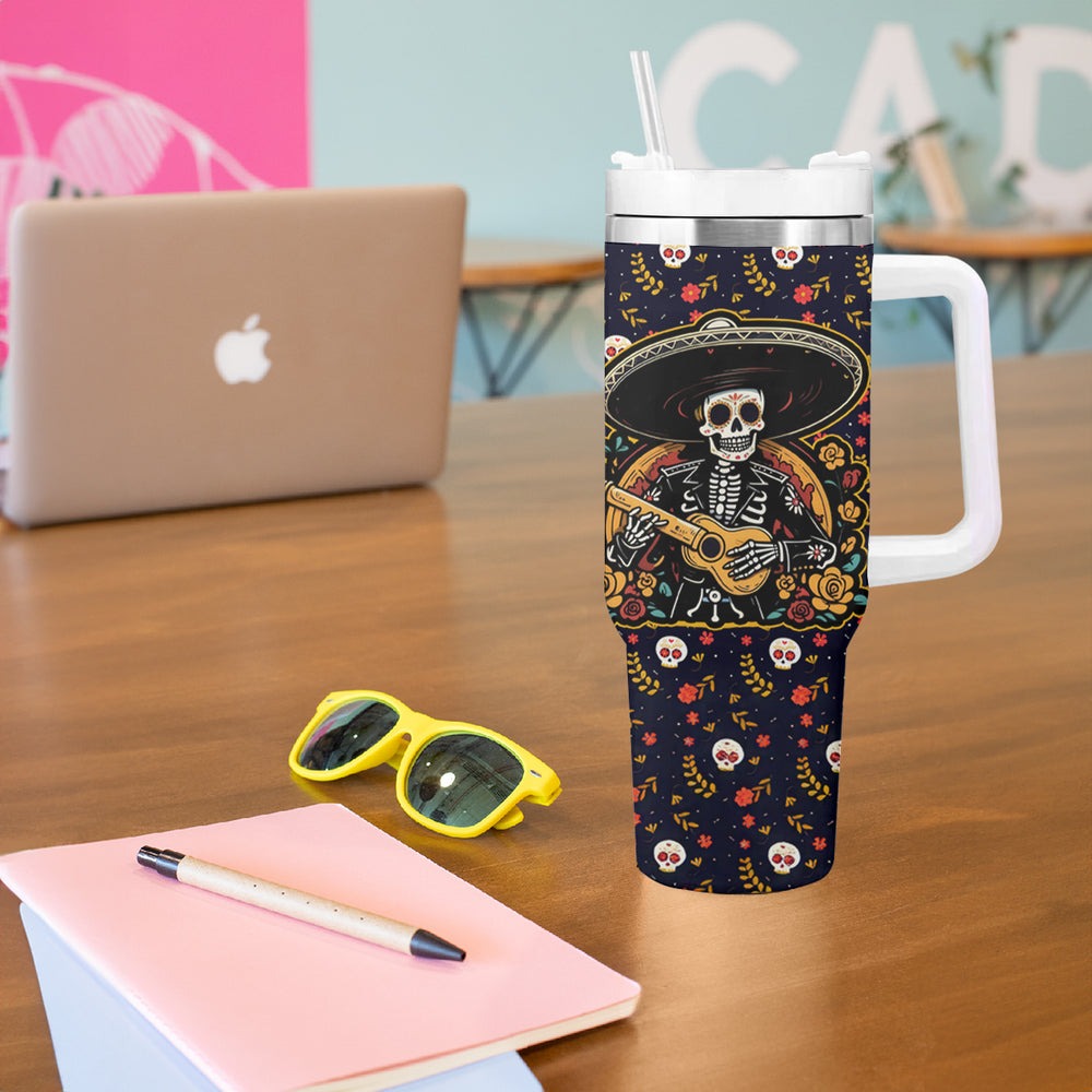 Day of Dead Skull Tumbler With Handle Sugar Skull Band Skeleton DT01 Day of Dead Skull Tumbler With Handle Sugar Skull Band Skeleton DT01