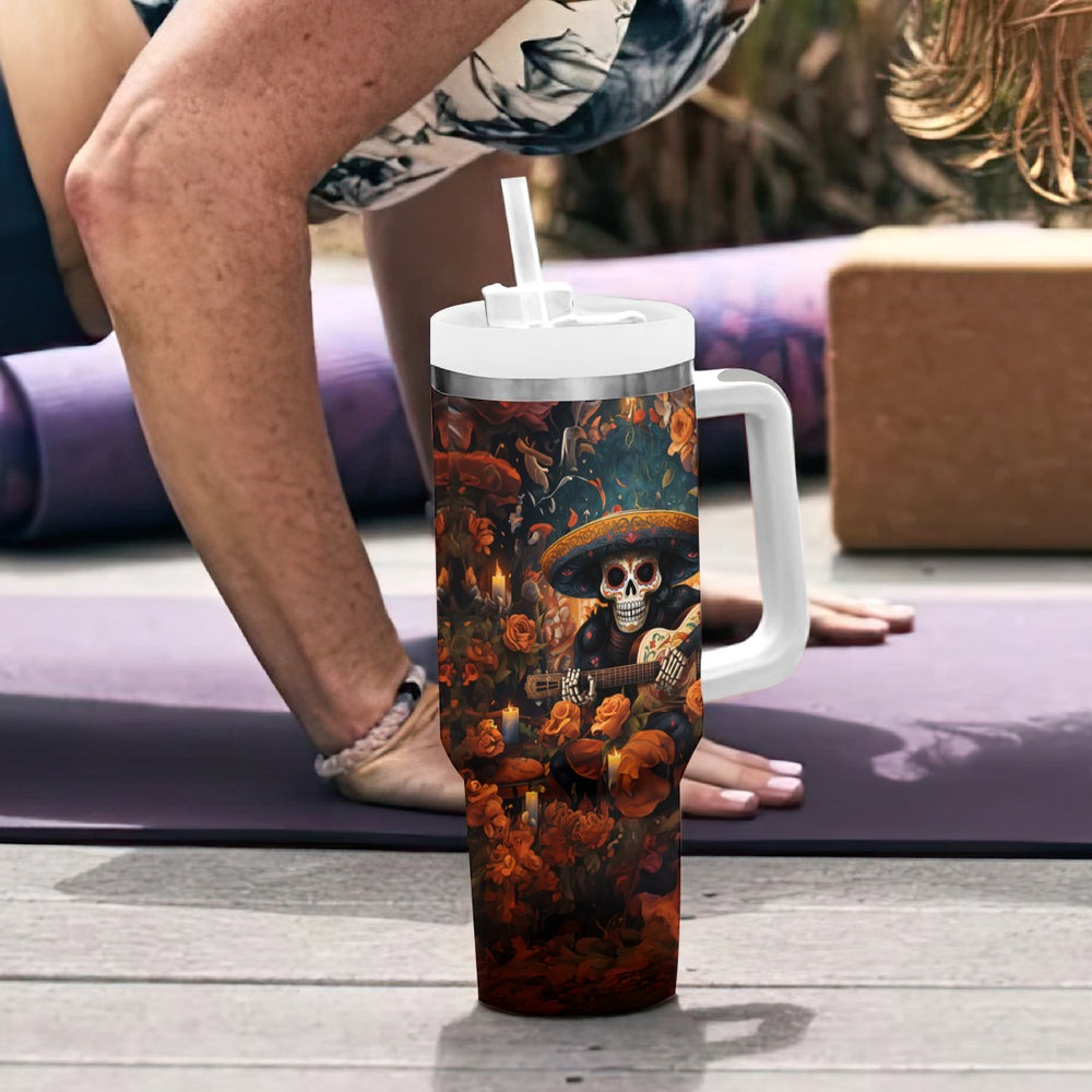 Day of Dead Skull Tumbler With Handle Sugar Skull Band Skeleton DT01 Day of Dead Skull Tumbler With Handle Sugar Skull Band Skeleton DT01