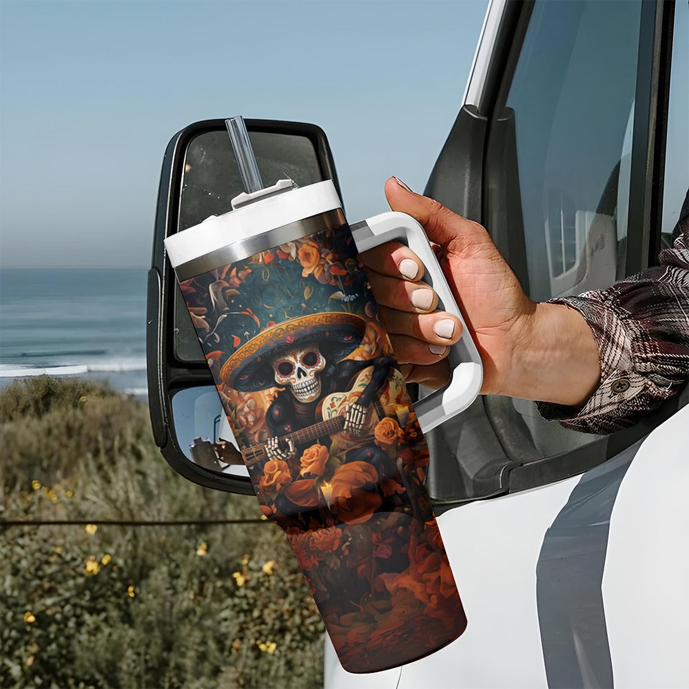 Day of Dead Skull Tumbler With Handle Sugar Skull Band Skeleton DT01 Day of Dead Skull Tumbler With Handle Sugar Skull Band Skeleton DT01