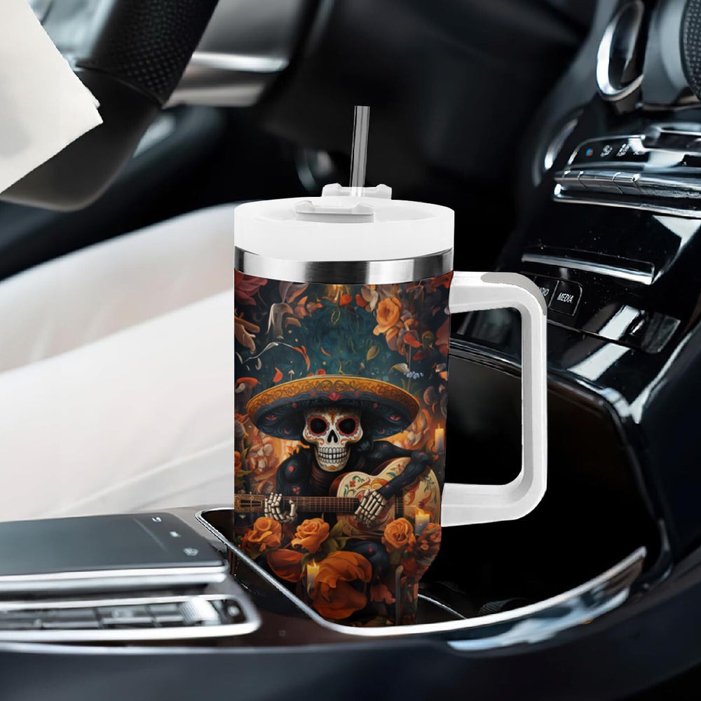 Day of Dead Skull Tumbler With Handle Sugar Skull Band Skeleton DT01 Day of Dead Skull Tumbler With Handle Sugar Skull Band Skeleton DT01